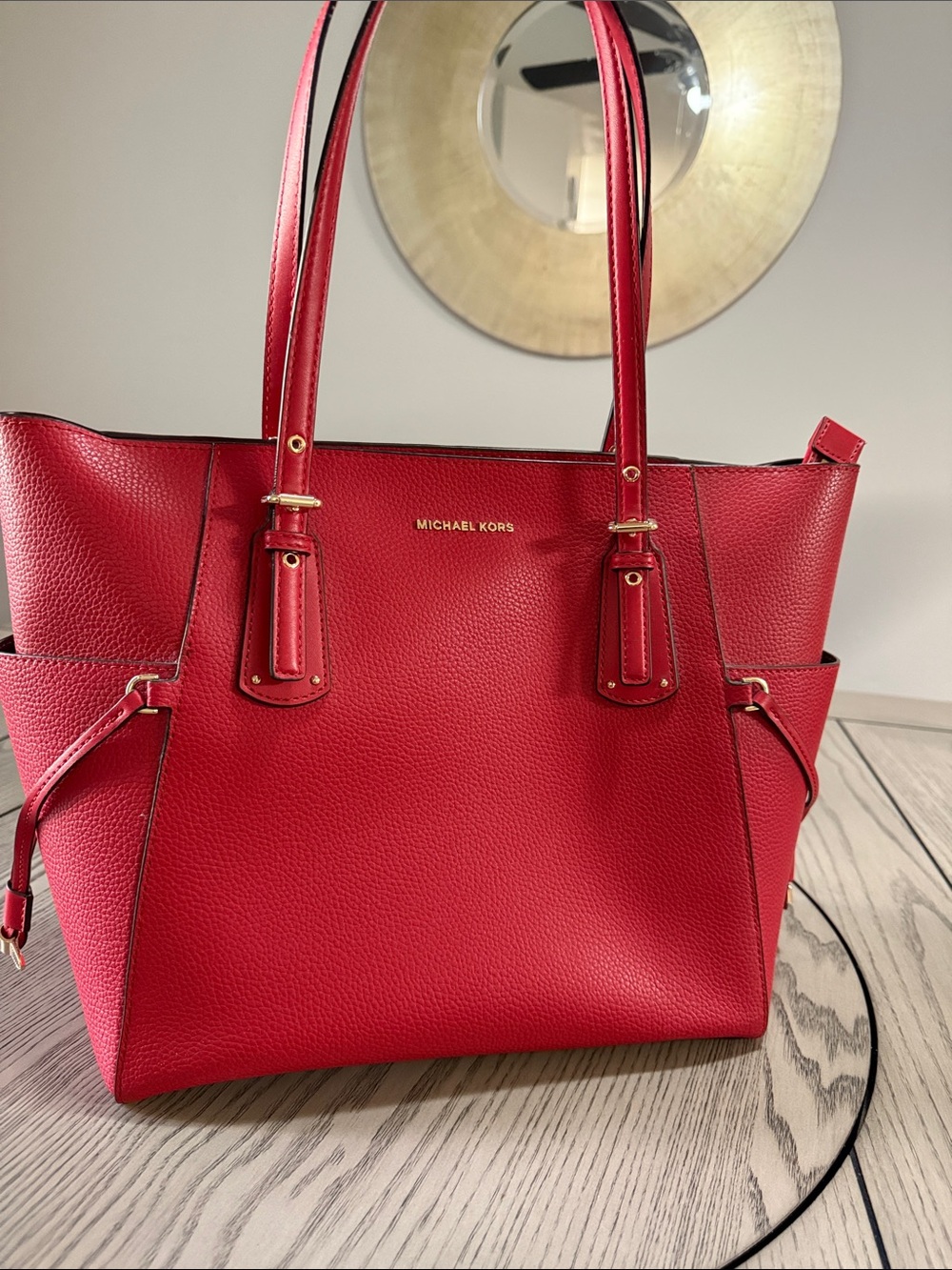 Michael Kors Red Pebbled Leather Tote with Gold Hardware